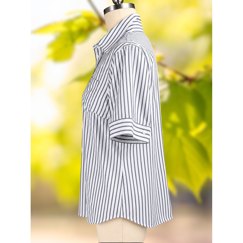 Jones New York Woman 1X Striped Button Down Shirt Short Sleeve Cotton white grey - Picture 2 of 5